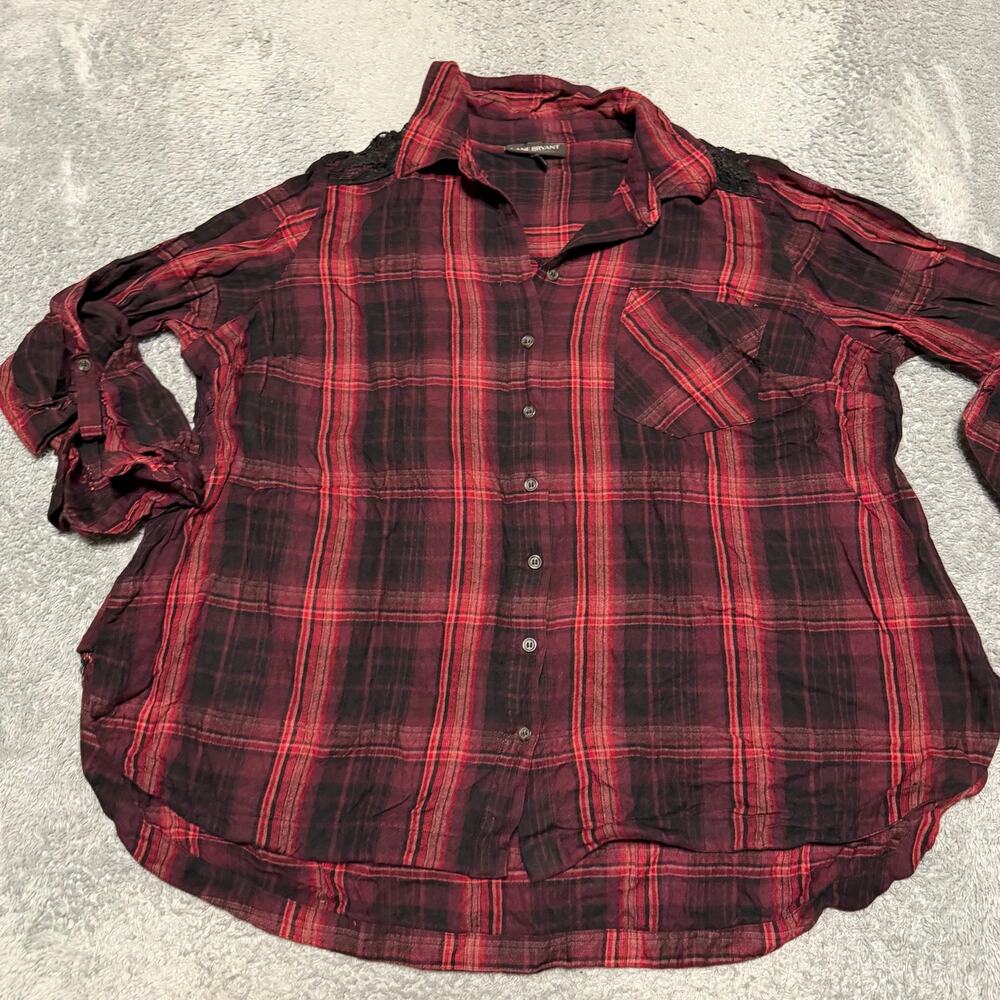 Lane Bryant Shirt Womens 22 24 Red Lace Plaid Button Long Sleeve